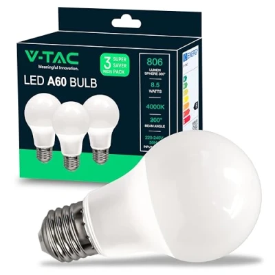 Afbeelding van V TAC 3 x ledlampen E27, 8,5 W (komt overeen met 60 W), A60 806 lumen, 4000 K, neutraal wit, opening van de lichtstraal 200 graden, ledlamp, maximale efficiëntie en energiebesparing, stuks