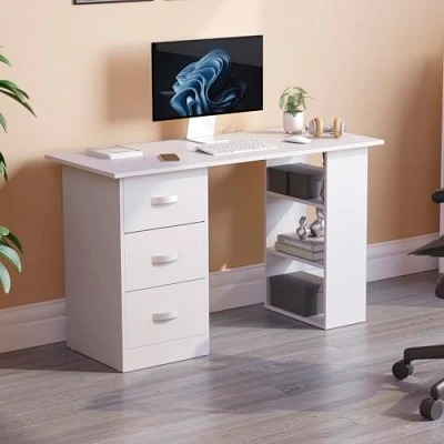 Image de Vida Designs Mason Bureau d&#039;ordinateur avec étagères et 3 tiroirs, table de jeu pour PC/ordinateur portable, poste travail d&#039;étude, meuble blanc
