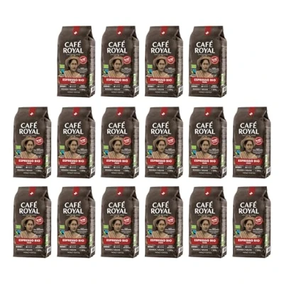 Afbeelding van 16 x 500 g Café Royal Peru Espresso Bio geroosterde koffie in bonen praktisch formaat zakken van 0,5 kg intensiteit 4/5 100% duurzame Arabica uit Fairtrade gecertificeerd