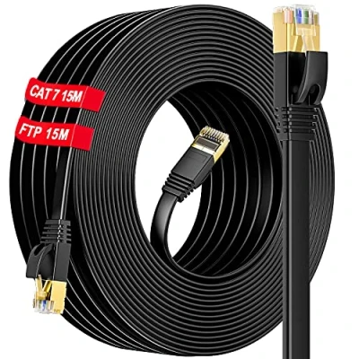Afbeelding van Cat 7 RJ45 15 m ethernetkabel, high speed vezel, m, plat, voor buiten, netwerkkabel (15 clips), S/FTP, afgeschermd, Gigabit anti storing, geen signaalverlies, sneller dan