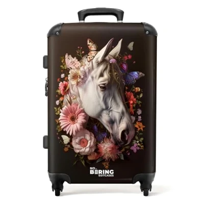 Afbeelding van NoBoringSuitcases.com® Koffer groot Rolkoffer lichtgewicht Wit paardenhoofd tussen kleurrijke bloemenkrans Reiskoffer met 4 wielen Grote trolley XL 20 kg bagage