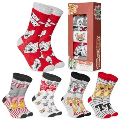 Afbeelding van Tom and Jerry Fantasiesokken voor heren, set van 5 paar herensokken, cadeau idee volwassenen, jongeren, 40 45, Grijs/Rood