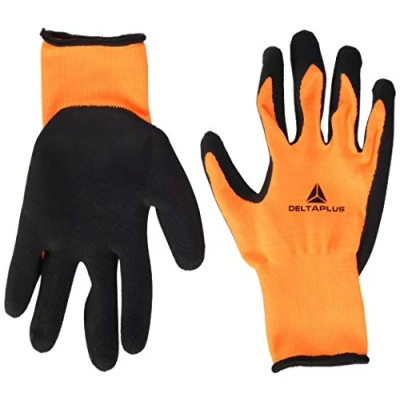 Afbeelding van Deltaplus DPVV733OR09 polyester gebreide handschoenen met latexschuimcoating op de handpalm, neonoranje/zwart, maat 09