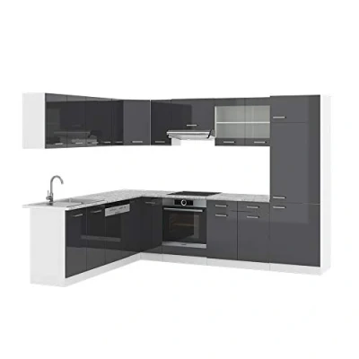 Afbeelding van Vicco hoekkeuken &quot;R Line&quot;, hoogglans antraciet/wit, 227 x 287 cm met werkblad