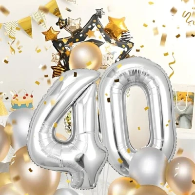 Afbeelding van Ballonnen verjaardag 40, zilver, 100 cm, ballon cijfer nummer Happy Birthday decoratie, ballonnen, verjaardagsfeest, jaren vliegen dankzij heliumballonnen 40