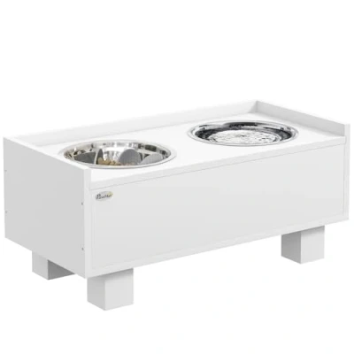 Afbeelding van PawHut Gamelle surélevée Pour chien Hauteur réglable Avec espace de rangement 2 bols en acier inoxydable 1 l tapis anti glouton chiens taille moyenne Blanc