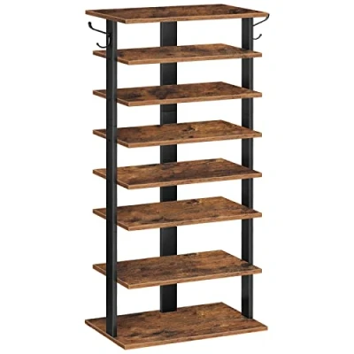 Afbeelding van HOOBRO Schoenenrek, hoge schoenenrek met 8 niveaus, 50 x 28 113 cm, schoenenkast 2 haken, schoen organisator voor 16 paar, gang, woonkamer, industrieel, rustiek bruin