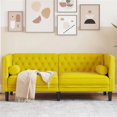 Image de vidaXL Canapé Chesterfield avec traversins 2 places jaune velours372689