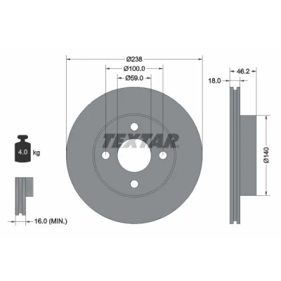 Afbeelding van TEXTAR 92144300 Remschijf 238 18 04/04 100 interne ventilatie Zonder wielbevestigingsbout, wielnaaf NISSAN: MICRA 2