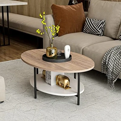 Afbeelding van [en.casa] Ovale salontafel met opbergruimte, woonkamermeubels, design, spaanplaat, metaal, 36 x 90 60 cm, eikeneffect, wit, zwart
