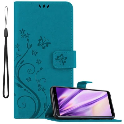 Afbeelding van Cadorabo Hoesje geschikt voor Samsung Galaxy A7 2018 in BLOEMEN BLAUW Beschermhoes bloemmotief met magnetische sluiting, standfunctie en kaartsleuven Book Case Cover Etui
