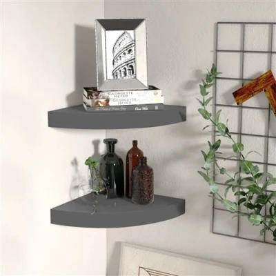 Afbeelding van Hoekschappen zwevend 2 st 25x25x3,8 cm MDF hoogglans grijs