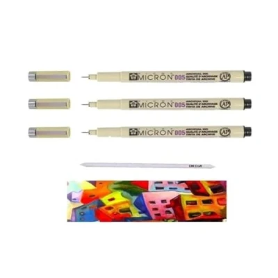 Afbeelding van Sakura Pigma Micron 005, zwart, 3 stuks pigmentpennen met superfijne punt EN ESTOMP