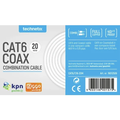 Afbeelding van Netwerk en coax kabel Technetix 20 meter (Cat6, Wit)