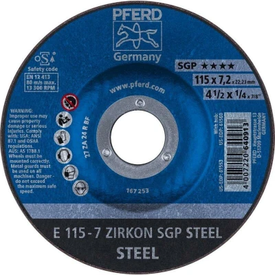 Afbeelding van PFERD 62211737 E 115 7 ZIRKON SGP STEEL Afbraamschijf gebogen Diameter mm Boordiameter 22.23 Staal 10 stuk(s)