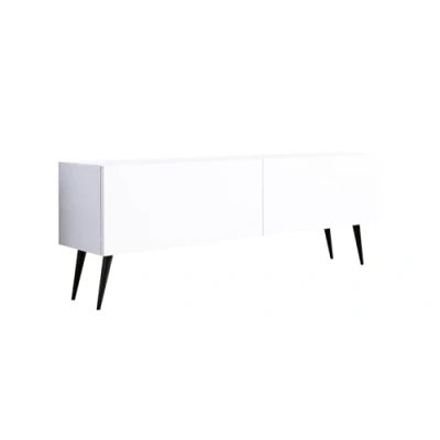 Afbeelding van Meuble TV : deux portes, étagères, Couleur blanc mat, pieds noirs D L 140 cm, H 52 P 32 cm