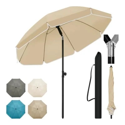 Afbeelding van WOLTU Parasol, uv bestendig, waterdicht, in hoogte verstelbaar, opvouwbaar tot 45 graden, zonwering voor balkon, terras, strand, tuin, rond, Taupe, φ 175 cm