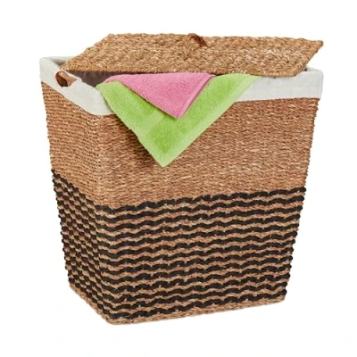 Afbeelding van Relaxdays zeegras wasmand met deksel wasbox 87 L katoenen waszak handvatten staand