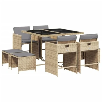Afbeelding van vidaXL 9 delige Tuinset met kussens poly rattan gemengd beige