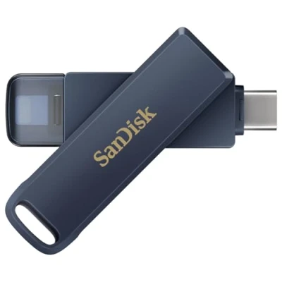 Afbeelding van SanDisk 128 GB USB stick voor iPhone, iPad, pc en Mac (iPhone 2 in 1 geheugen, Lightning type C aansluitingen, automatische back up, wachtwoordbeveiliging, codering) metalen hemel