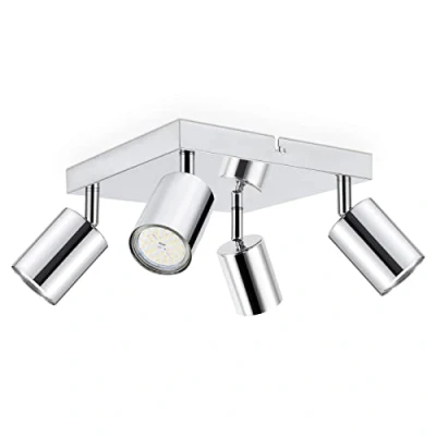 Image de Dehobo Spot Plafonnier Cuisine Chrome Poli, Spots Plafond GU10 LED 4 Orientables, Rampe Modernes avec Plaque Carrée pour Salon Chambre Salle à Manger, sans Ampoules