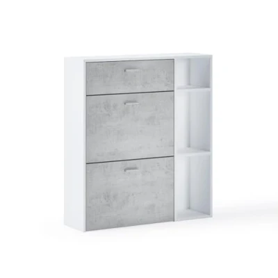 Afbeelding van Skraut Home Schoenenkast 102 x 90 26 cm Capaciteit voor 12 paar schoenen 2 vleugeldeuren + 1 lade Model Wind Wit/cement afwerking