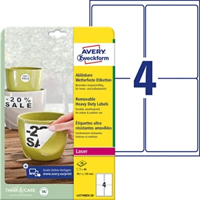 Afbeelding van Avery Afneembare Weerbestendige Etiketten Ft 99,1 X 139 Mm (b H), Wit, Doos Van 80 Etiket