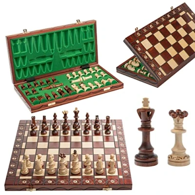 Afbeelding van Master of Chess Houten schaakbord met schaakstukken &quot;Senator&quot;, 41 cm, handgemaakt, opvouwbaar, groot schaakspel voor kinderen en volwassenen, verbrande ornamenten
