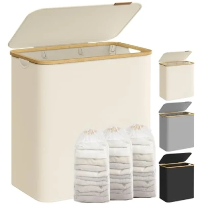 Afbeelding van SONGMICS wasmand met 3 vakken, 150 l, opvouwbaar deksel, afneembare waszak, Oxford stof, handgrepen van bamboe, opvouwbaar, 60 x 38,5 70,5 cm, crèmewit LCB515W01