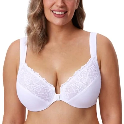 Afbeelding van Delimira Ongevoerde kanten beha met voorsluiting voor dames plus size beugelondersteuning, Wit.