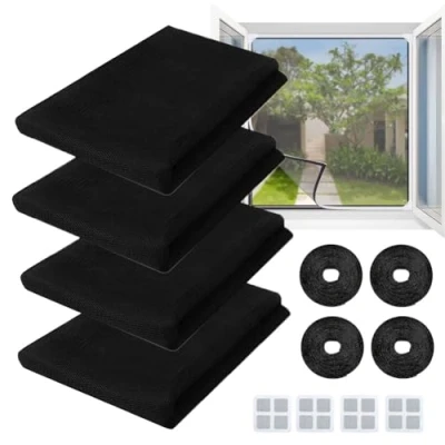 Afbeelding van 4 stuks vliegengaas voor ramen, 1,3 x 1,5 m, met rollen plakband en reparatiepads