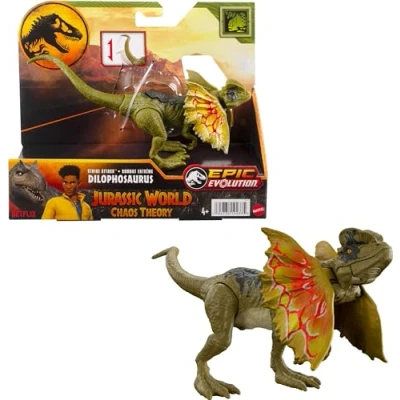 Afbeelding van Mattel Jurassic World Strike Attack Dilophosaurus actiefiguur dinosaurus met slagactie, beweegbare gewrichten, fysiek en digitaal spel