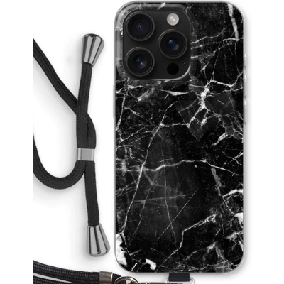 Afbeelding van Case Company® hoesje met Koord geschikt voor iPhone 16 Pro Zwart Marmer Telefoonhoesje Bescherming aan alle Kanten en Over de Schermrand
