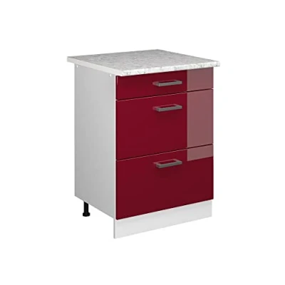 Afbeelding van Vicco Keukenonderkast R Line, Bordeauxrode hoogglans/Wit, 60 cm met laden, marmeren werkblad