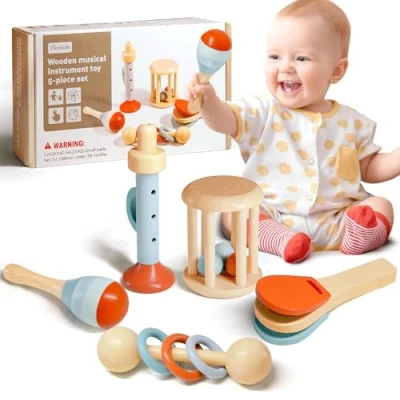Afbeelding van Arbolisse Montessori 5 stuks houten speelgoed voor baby&#039;s van 3, 6, 9 maanden, vanaf 1 jaar, 6 maanden tot muziekspeelgoed baby&#039;s, sensorisch educatief