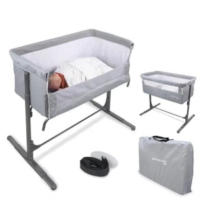 Afbeelding van Mobiclinic Moon Wieg Reiswieg Co sleeper Babybedje Inklapbaar Tot 15 kg Verstelbare in 5 hoogtes Zijopening Bijzetbed 2 1 Bedbevestigingsriemen Draagtas Inclusief wielen Ademend gaas Gewatteerde basis