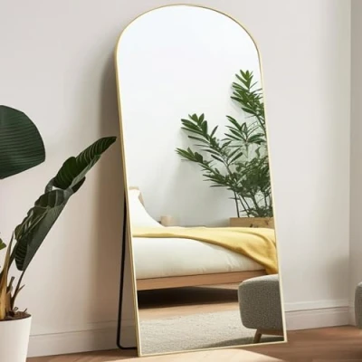 Afbeelding van Melodieux grote staande spiegel in volledige lengte met standaard, 180,3 x 76,2 cm, gouden frame, make upspiegel om op te hangen, wandspiegel voor slaapkamer, woonkamer