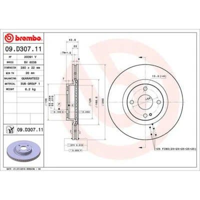 Afbeelding van BREMBO 09.D307.11 Remschijf 280 22 4 interne ventilatie Gecoat MAZDA: MX 5 IV