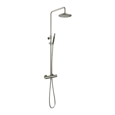 Afbeelding van HotBath Cobber thermostatische regendoucheset met 20cm ronde hoofddouche staafhanddouche nikkel Geborsteld