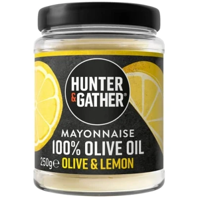 Image de Hunter &amp; Gather Mayonnaise à l&#039;huile d&#039;olive et au citron 250 g sans huile de graine I Made with Olive Oil British Free Range Egg Yellow Paléo, céto, sucre gluten