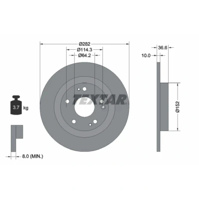 Afbeelding van TEXTAR 92301303 Remschijf 282 10 05/08 114,3 volledig Gecoat Zonder wiellager, wielbevestigingsbout, wielnaaf HONDA: CIVIC