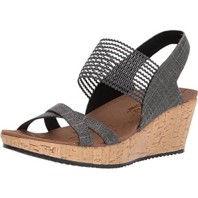 Afbeelding van Skechers Beverlee High Tea damessandalen, Black Sparkle Linen Gore Trim