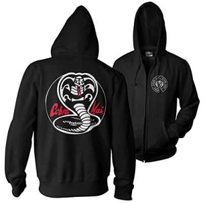 Afbeelding van Cobra Kai Officieel gelicentieerd wit met ritssluiting en capuchon (zwart), zwart.