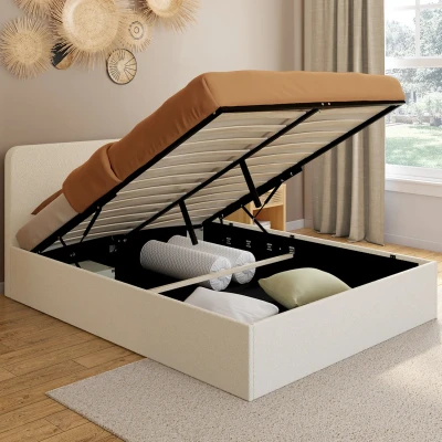 Image de lit coffre double avec tête de et sommier 140x190 cm tissu bouclette IDMarket
