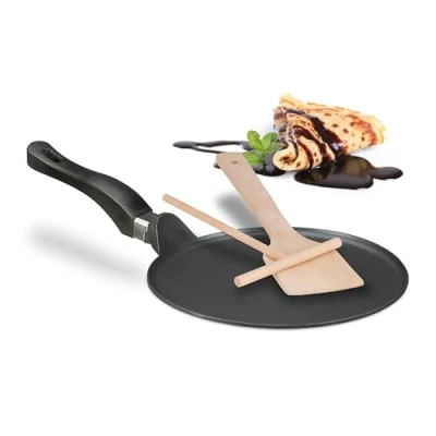 Afbeelding van Relaxdays pannenkoekenpan met accessoires crêpe pan inductie Ø 25 cm deegverdeler
