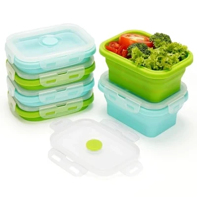 Afbeelding van Kurtzy (6 stuks) Voedselbewaardoos van siliconen met deksel, 350 ml, stapelbare voedselcontainers, luchtdichte voedselcontainer, BPA vrij, magnetron, vaatwasser en vriezer
