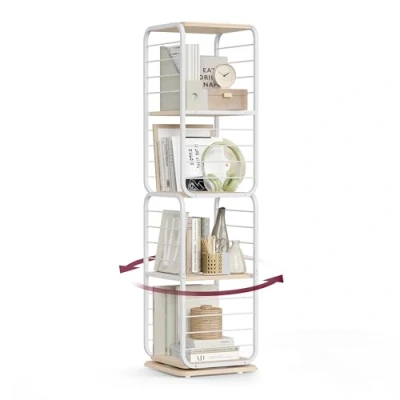 Afbeelding van VASAGLE Boekenkast met 4 niveaus, draaibare planken boekensteun voor kleine ruimtes, hoekrek, stalen frame, natuurlijk beige en wolkenwit LLS127W67