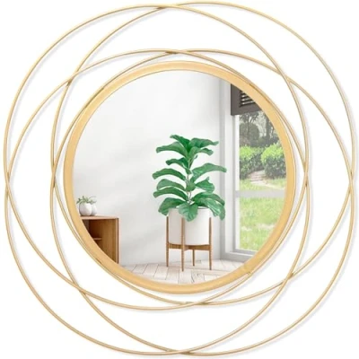 Afbeelding van HLFMVWE ronde gouden metalen wandspiegel, kleine decoratie voor woonkamer, slaapkamer, badkamer, entree, 60 x cm