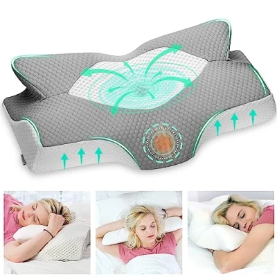 Afbeelding van Elviros cervicaal orthopedisch kussen van traagschuim, uitneembaar ergonomisch nekkussen voor hals schouderpijn, neksteunkussen zijslaper (Grijs 64 x 12,5/10,5 42cm)