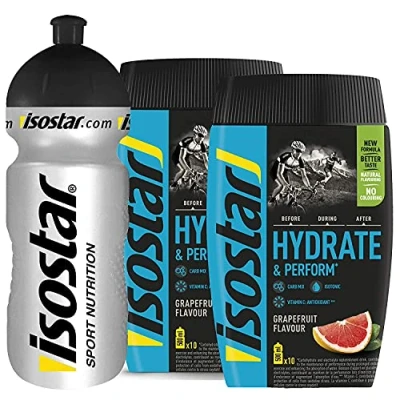 Afbeelding van Isostar Hydrate &amp; Perform Iso Drink 400 g isotoon drankpoeder elektrolytpoeder ter ondersteuning van de sportieve prestaties 2 x grapefruit + 0,5 liter fles